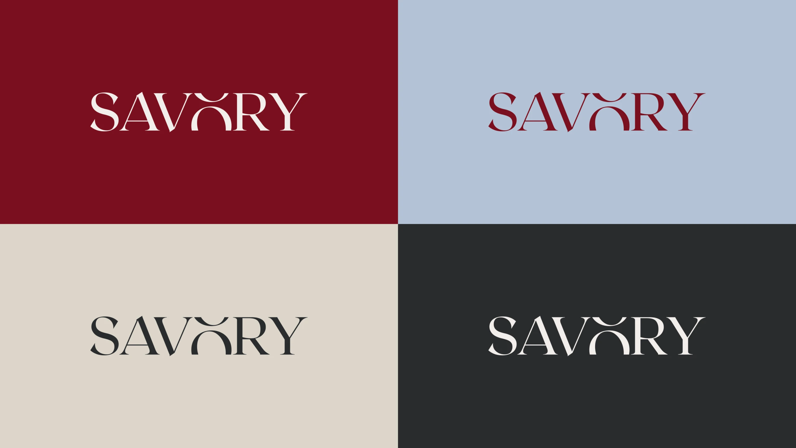 SAVORY wordmark in four colorways: cream on wax red, wax red on blue, charcoal on cream, and cream on charcoal