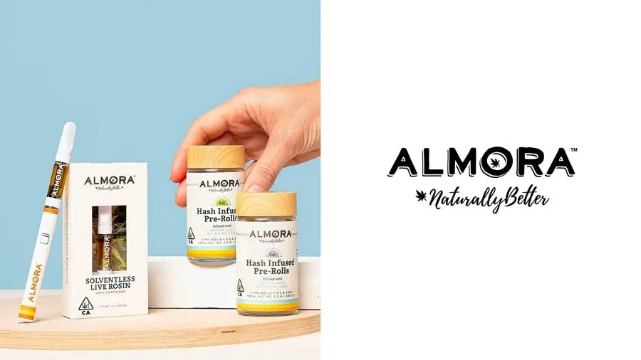 Almora flower packaging with warm earth tones, bold serifs and geometric patterning