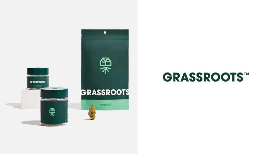 GrassRoots logo with an abstract single-weight cannabis leaf and bold sans-serif wordmark