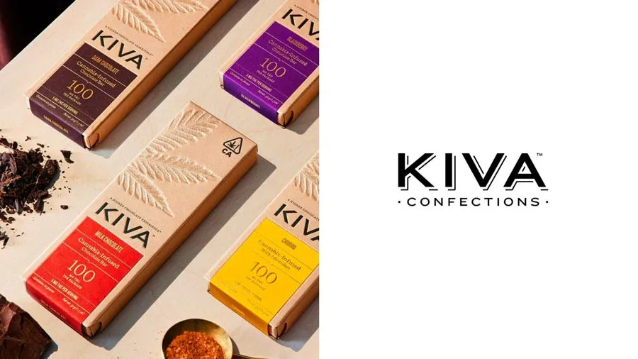 Kiva Confections edibles packaging with vintage-inspired typography and upscale chocolate cues