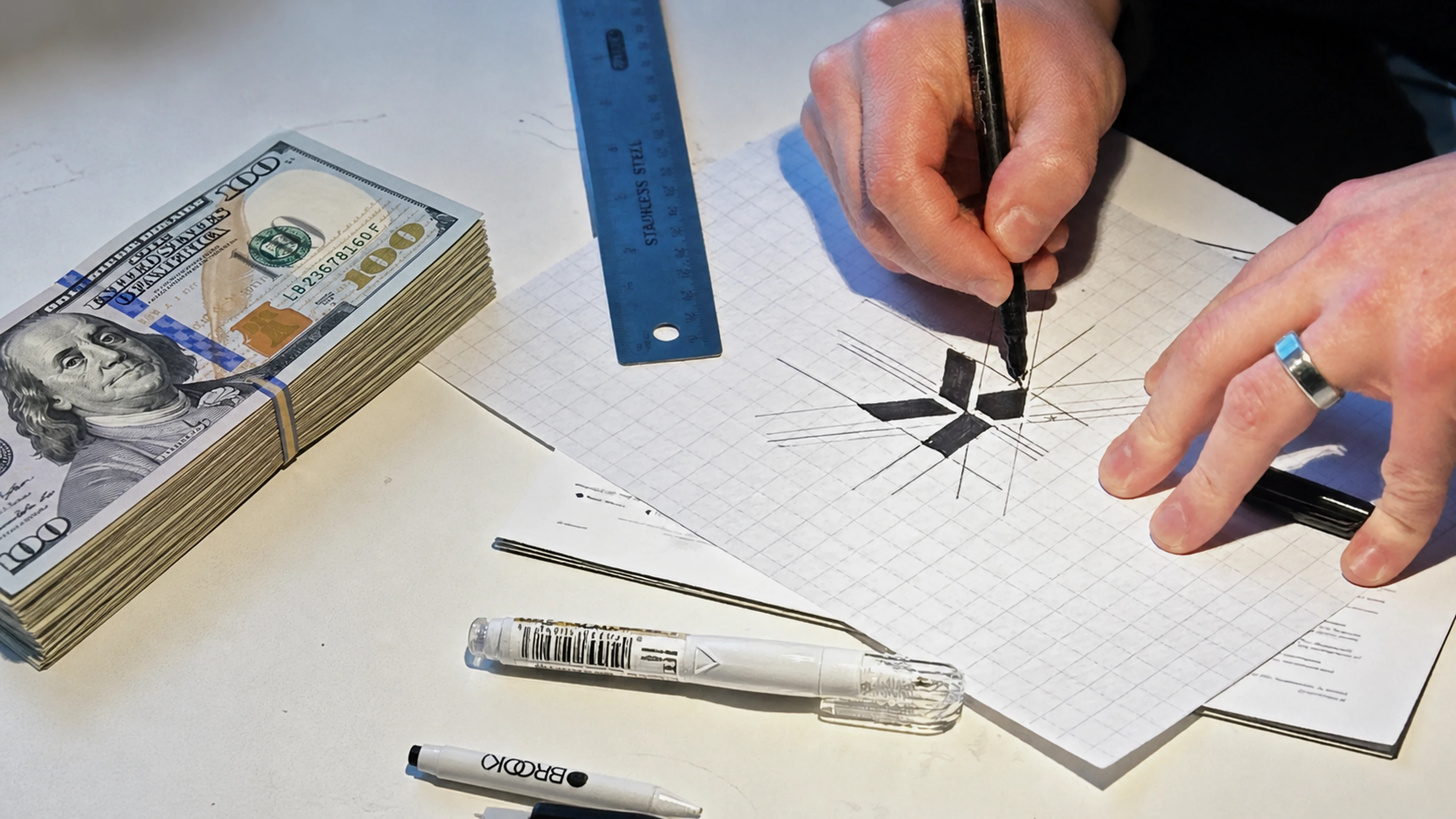 Hands sketching a geometric logo beside a stack of dollar bills