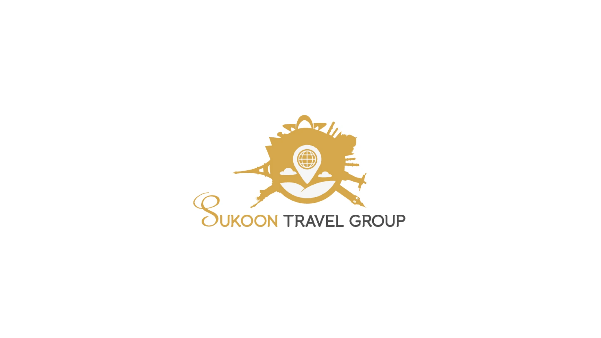 Original Sukoon Travel Group logo with a gold globe, location pin and landmark silhouettes before redesign