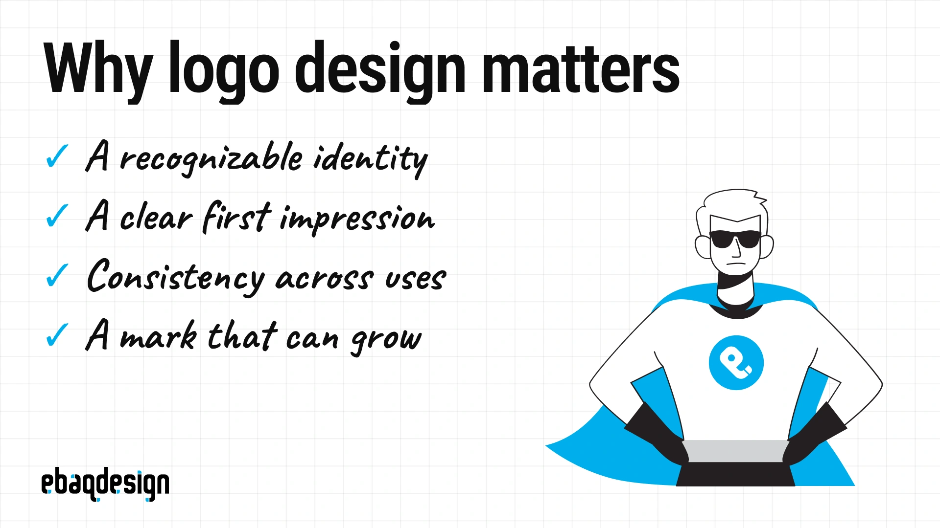 Logo benefits checklist covering recognition, first impressions, consistency and room to grow