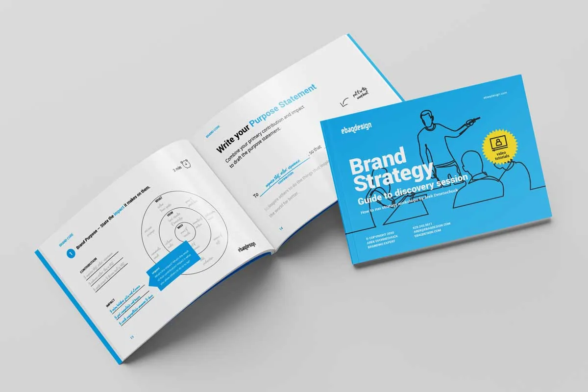 Brand Strategy Guide cover beside an open spread showing the brand purpose worksheet