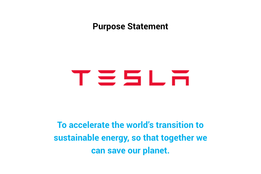Example purpose statement card: Tesla wordmark above a contribution and impact sentence